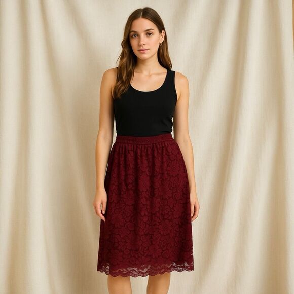 Cottagecore Red Lace Midi Skirt w/ Scalloped Hem - Picture 1 of 12
